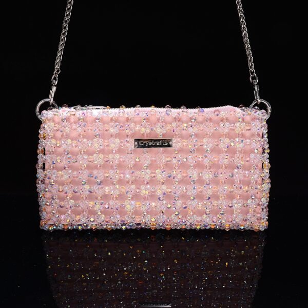Handmade pink crystal zipper bag with 8mm AB main beads and 4mm white AB accent beads, spacious mini handbag for daily essentials like phone and keys