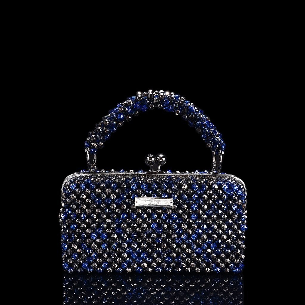 Slim Crystal Moon Bag in Black and Blue 8mm Floral-Carved Beads