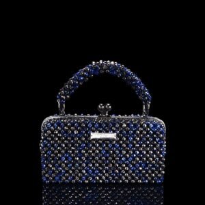Slim Crystal Moon Bag in Black and Blue 8mm Floral-Carved Beads