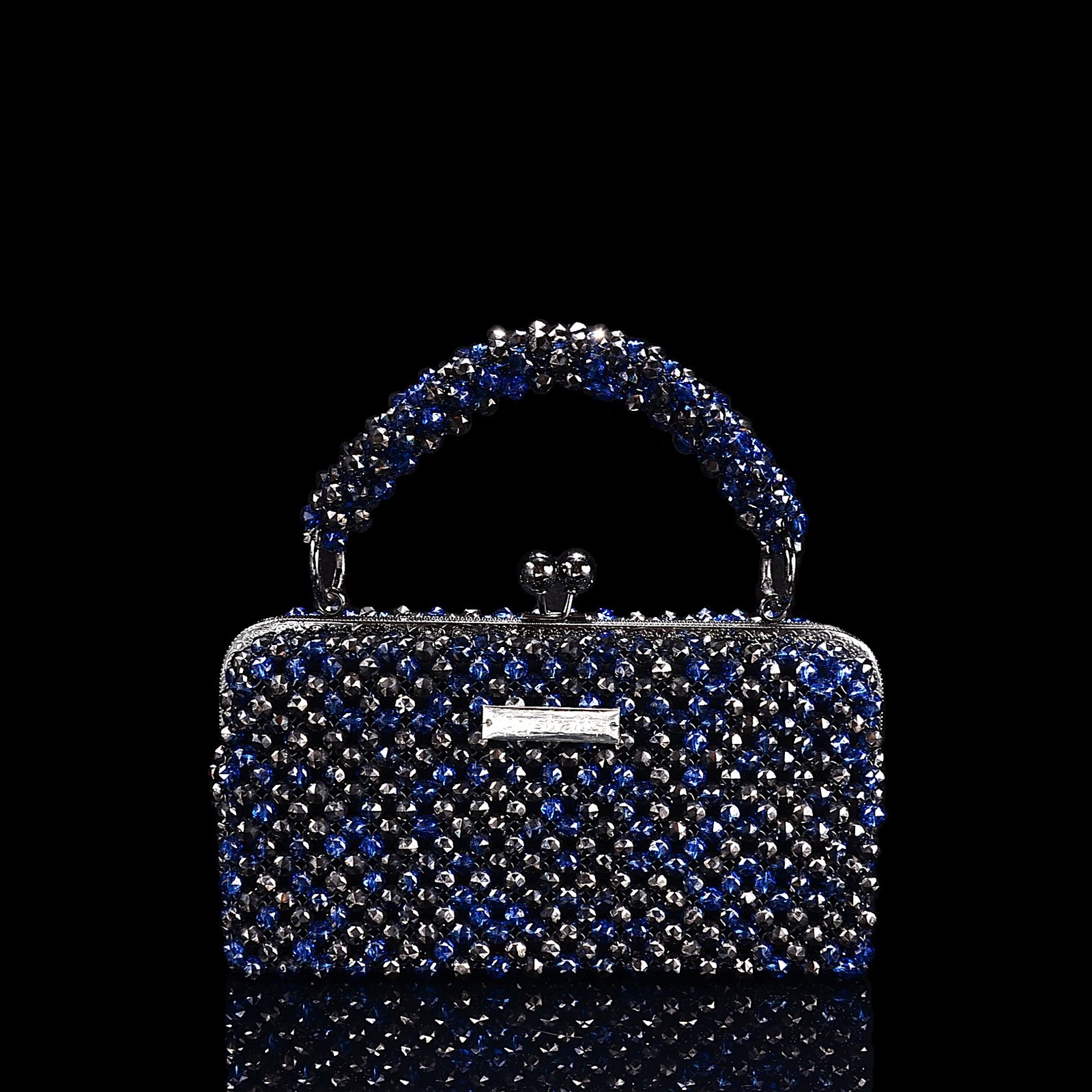 Slim Crystal Moon Bag in Black and Blue 8mm Floral-Carved Beads