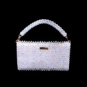 Front view of handmade classic crystal beaded zipper bag with 8mm crystal beads and beaded handle