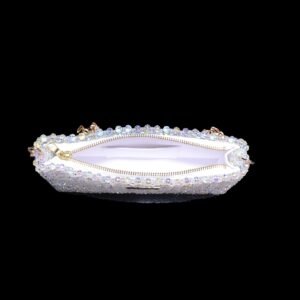 Interior lining of classic crystal beaded zipper bag with organized storage space