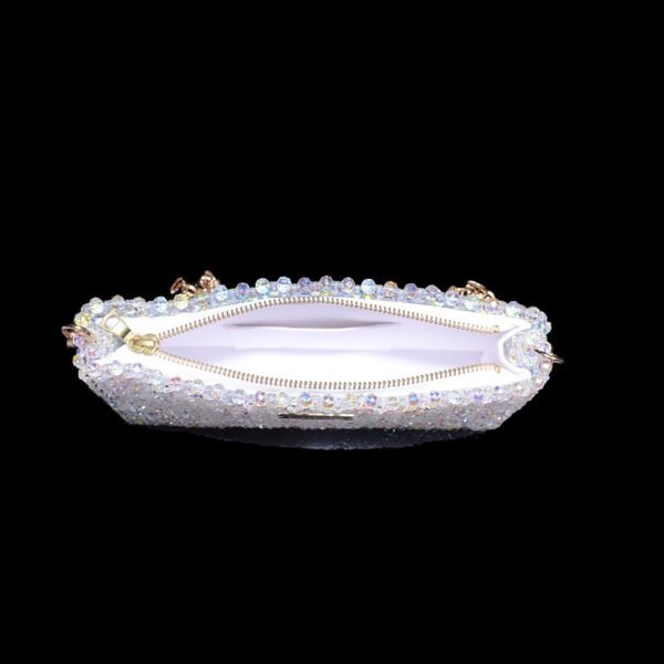 Interior lining of classic crystal beaded zipper bag with organized storage space