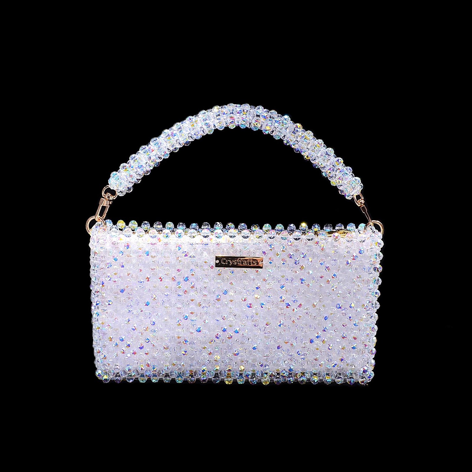 Front view of handmade classic crystal beaded zipper bag with 8mm crystal beads and beaded handle