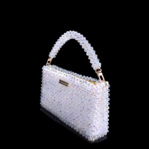 Side view of 8mm crystal beaded handbag showing structured shape and zipper bag design