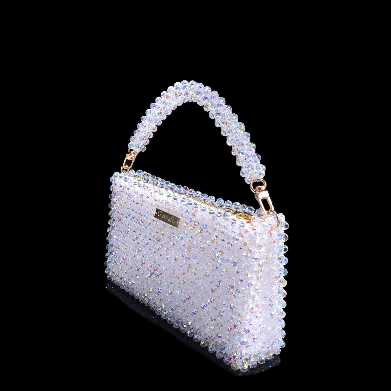 Side view of 8mm crystal beaded handbag showing structured shape and zipper bag design